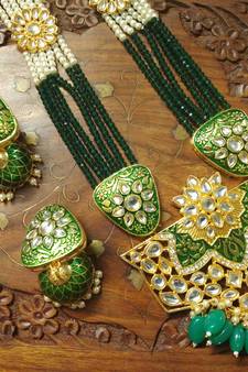 Green designer floral meenakari kundan studed onyx stone multilayer necklace set with earrings