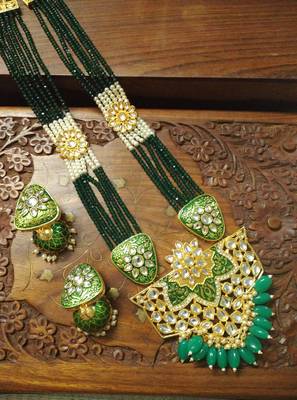 Green designer floral meenakari kundan studed onyx stone multilayer necklace set with earrings 2