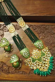 Green designer floral meenakari kundan studed onyx stone multilayer necklace set with earrings