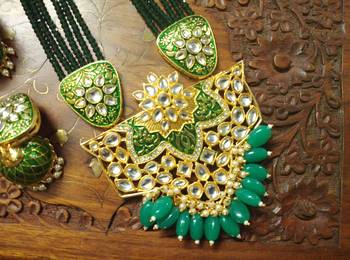 Green designer floral meenakari kundan studed onyx stone multilayer necklace set with earrings 3