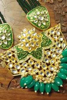 Green designer floral meenakari kundan studed onyx stone multilayer necklace set with earrings