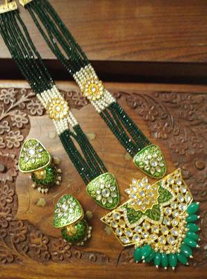 Green designer floral meenakari kundan studed onyx stone multilayer necklace set with earrings 4