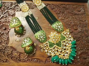 Green designer floral meenakari kundan studed onyx stone multilayer necklace set with earrings 5