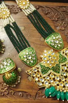 Green designer floral meenakari kundan studed onyx stone multilayer necklace set with earrings
