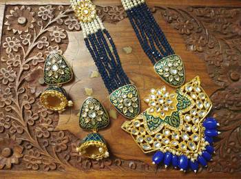 Blue designer floral meenakari kundan studed onyx stone multilayer necklace set with earrings 1