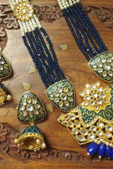 Blue designer floral meenakari kundan studed onyx stone multilayer necklace set with earrings