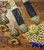 Blue designer floral meenakari kundan studed onyx stone multilayer necklace set with earrings