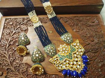Blue designer floral meenakari kundan studed onyx stone multilayer necklace set with earrings 2