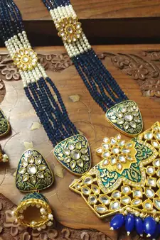 Blue designer floral meenakari kundan studed onyx stone multilayer necklace set with earrings
