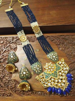 Blue designer floral meenakari kundan studed onyx stone multilayer necklace set with earrings 3
