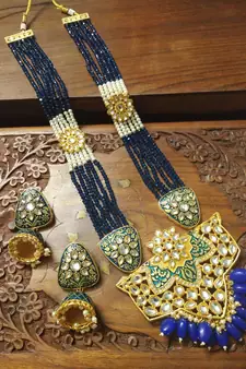 Blue designer floral meenakari kundan studed onyx stone multilayer necklace set with earrings
