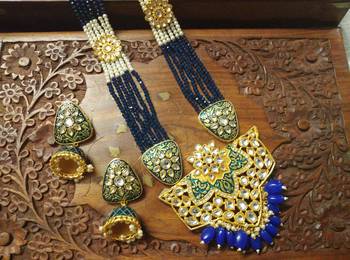 Blue designer floral meenakari kundan studed onyx stone multilayer necklace set with earrings 4