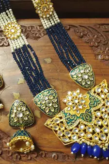 Blue designer floral meenakari kundan studed onyx stone multilayer necklace set with earrings