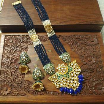 Blue designer floral meenakari kundan studed onyx stone multilayer necklace set with earrings 5