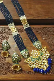 Blue designer floral meenakari kundan studed onyx stone multilayer necklace set with earrings