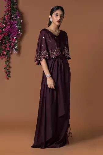 Wine Cape Sari Gown