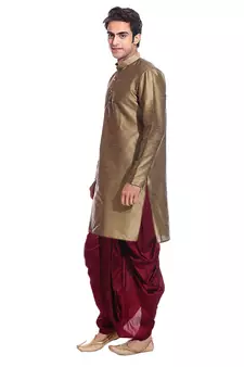 Men's Coper Gold Kurta Maroon Dhoti
