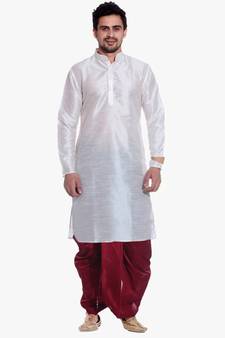 Men's White Kurta Maroon Dhoti