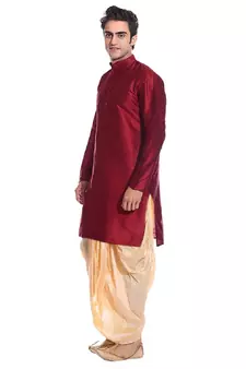 Men's Red Kurta Gold Dhoti