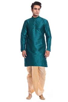Men's Green Kurta Gold Dhoti