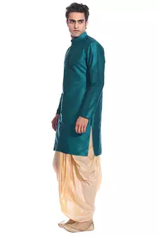 Men's Green Kurta Gold Dhoti