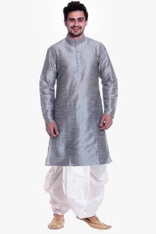 Men's Sliver Kurta White Dhoti