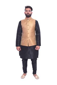 Men's Black Matching Kurta Churidar With Gold Bindoo Waistcoat