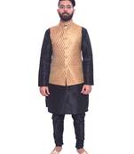 Men's Black Matching Kurta Churidar With Gold Bindoo Waistcoat