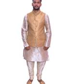 Men's Double Tone Matching Kurta Churidar With Gold Bindoo Waistcoat