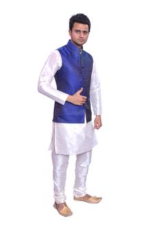 Men's Cream Matching Kurta Churidar With Solid Royal Blue Waistcoat