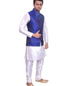 Men's Cream Matching Kurta Churidar With Solid Royal Blue Waistcoat