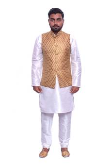 Men's White Matching Kurta Churidar With Gold Bindoo Waistcoat