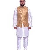 Men's White Matching Kurta Churidar With Gold Bindoo Waistcoat