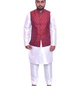 Men's White Matching Kurta Churidar With Maroon 1st Waistcoat (RG-16491-)