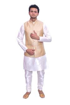Men's Cream Matching Kurta Churidar With Gold Bindoo 1st Waistcoat