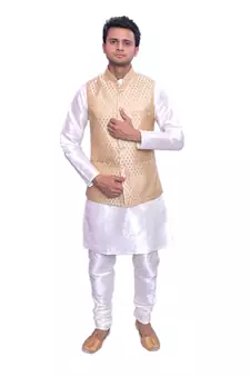 Men's Cream Matching Kurta Churidar With Gold Bindoo 1st Waistcoat