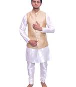 Men's Cream Matching Kurta Churidar With Gold Bindoo 1st Waistcoat