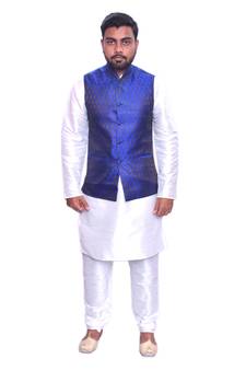 Men's White Matching Kurta Churidar With Solid Royal Blue Waistcoat