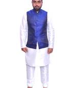 Men's White Matching Kurta Churidar With Solid Royal Blue Waistcoat