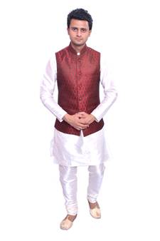 Men's Cream Matching Kurta Churidar With Solid Maroon Waistcoat
