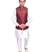Men's Cream Matching Kurta Churidar With Solid Maroon Waistcoat
