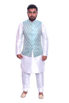 Men's White Matching Kurta Churidar With Dark Slate Gray Waistcoat
