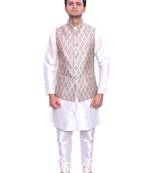 Men's Cream Matching Kurta Churidar With Gray Banarisi Waistcoat