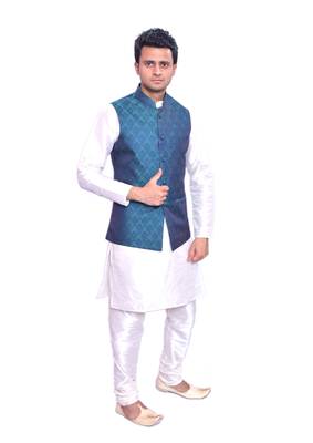 Men's Cream Matching Kurta Churidar With  Solid Turquoise Waistcoat 1