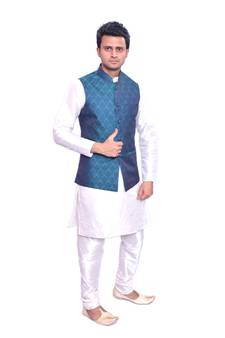 Men's Cream Matching Kurta Churidar With  Solid Turquoise Waistcoat