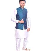 Men's Cream Matching Kurta Churidar With  Solid Turquoise Waistcoat