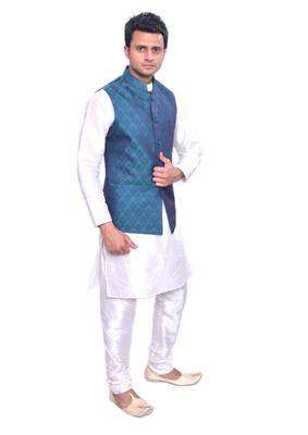 Men's Cream Matching Kurta Churidar With  Solid Turquoise Waistcoat 2