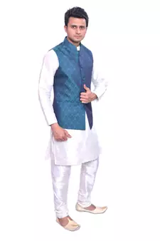 Men's Cream Matching Kurta Churidar With  Solid Turquoise Waistcoat