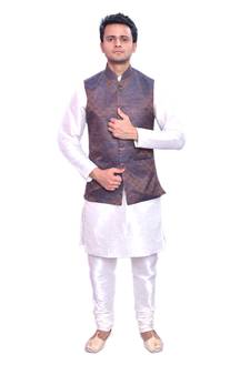 Men's Cream Matching Kurta Churidar With Burly Wood Colour Waistcoat