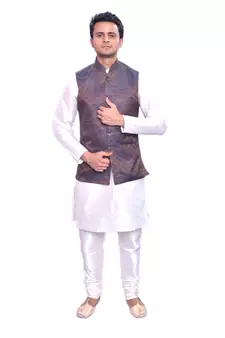 Men's Cream Matching Kurta Churidar With Burly Wood Colour Waistcoat